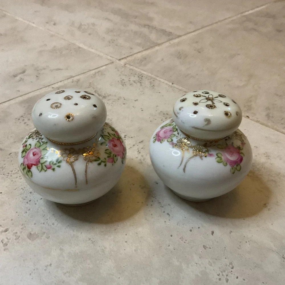 Vintage Hand Painted Porcelain Salt and Pepper Shakers Pink Roses Gold Gilt Set